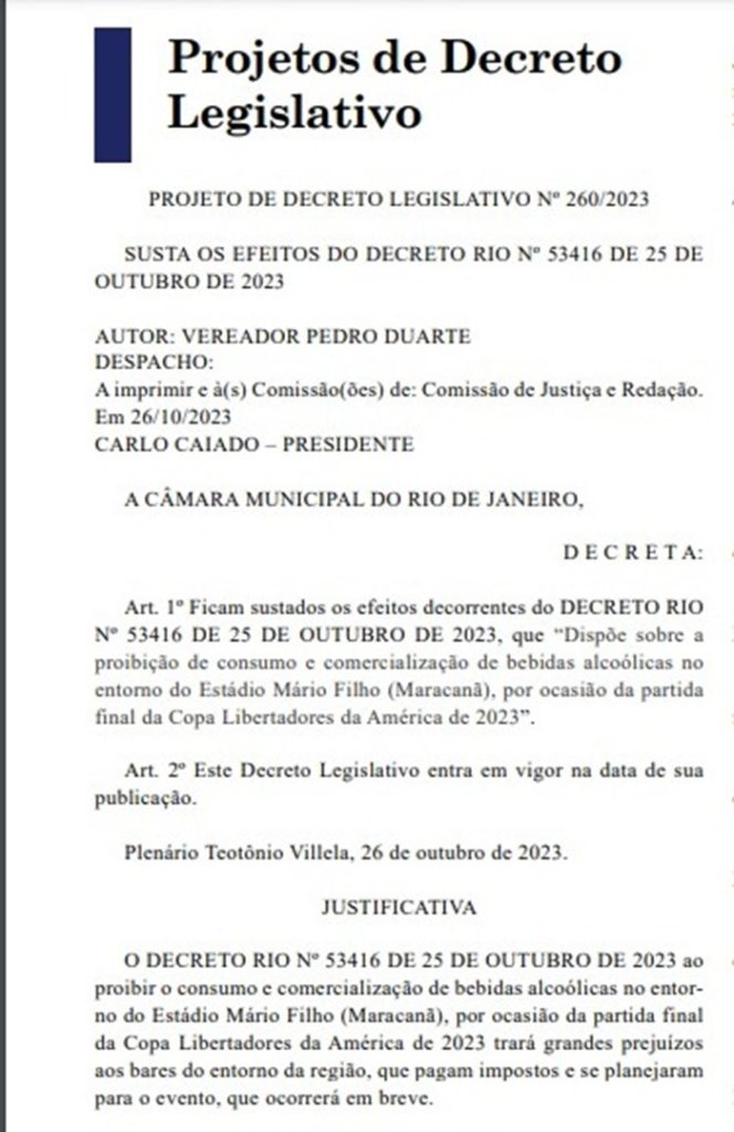 Final da Libertadores: vereadores do Rio tentam suspender veto à bebida alcoólica no entorno do Maracanã 1 projeto de decreto legislativo libertadores Final da Libertadores: vereadores do Rio tentam suspender veto à bebida alcoólica no entorno do Maracanã