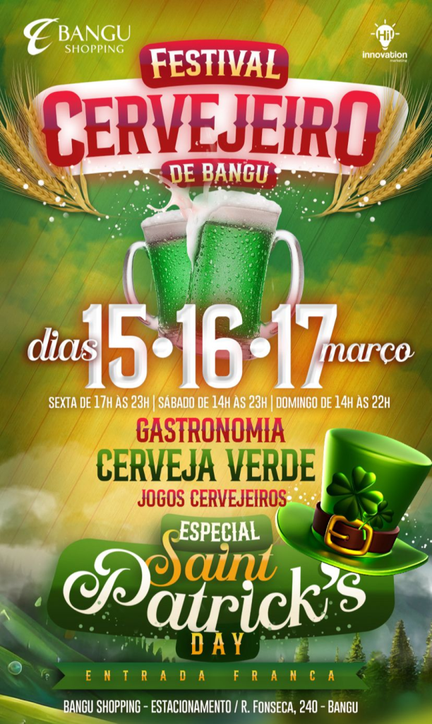 Evento Cervejeiro De 15 a 17 de março, o Bangu Shopping festeja St. Patrick’s Day, com muita cerveja