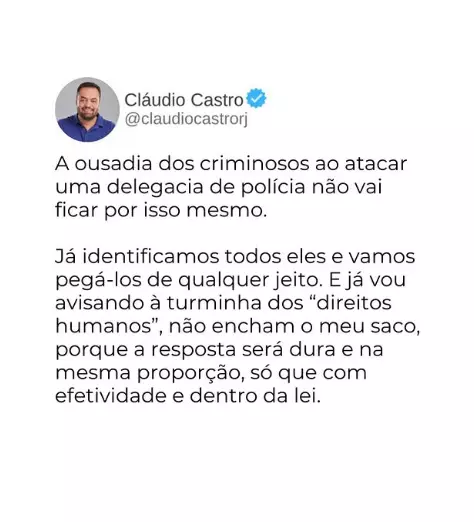 Cláudio Castro sobre ataque em delegacia: ‘Turminha dos direitos humanos, não encham o meu saco’ 1 Claudio Castro sobre ataque a delegacia Cláudio Castro sobre ataque em delegacia: ‘Turminha dos direitos humanos, não encham o meu saco’